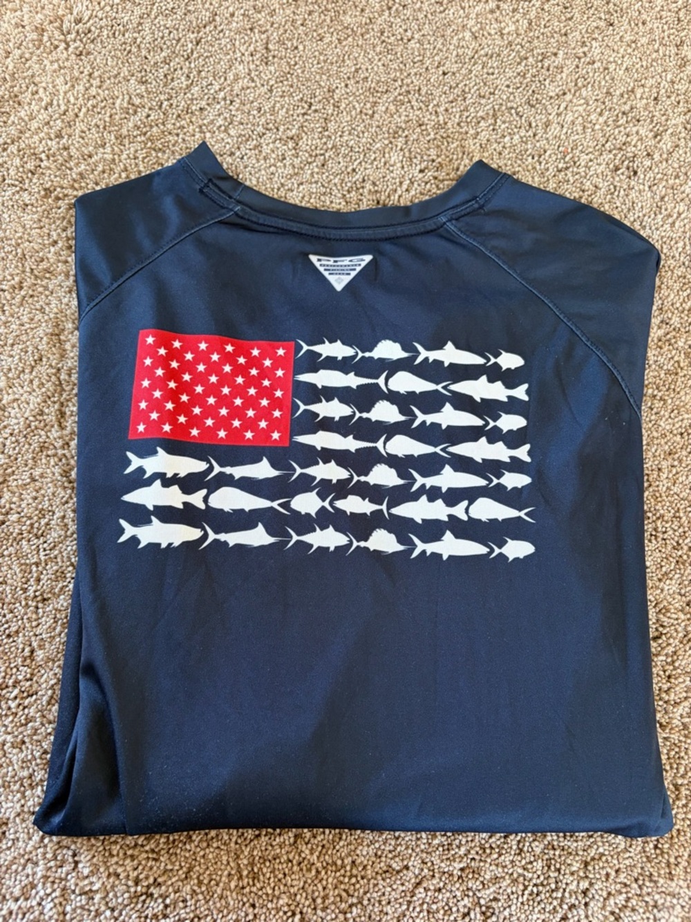 Columbia Men's Navy Blue Shirt with Red & White Fish Flag Graphic